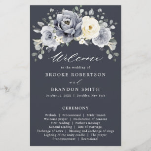 Silver Grey Ivory Floral Winter Wedding Programme