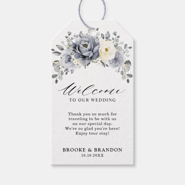 Silver Grey Ivory Floral Winter Wedding Willkommen Geschenkanhänger (Vorderseite)