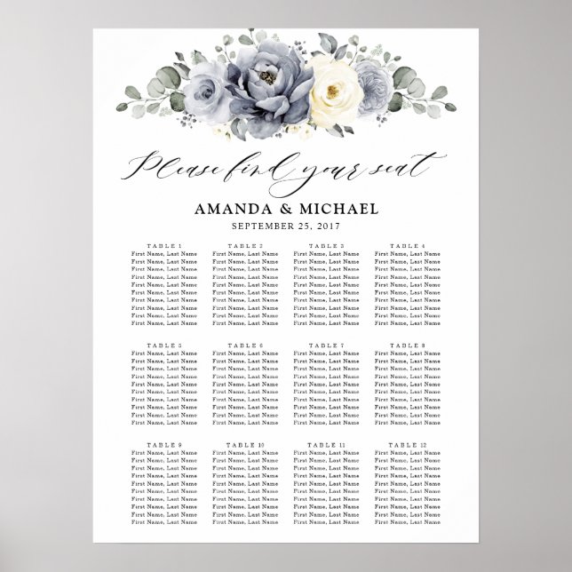 Silver Grey Ivory Winter Wedding Chart Poster (Vorne)