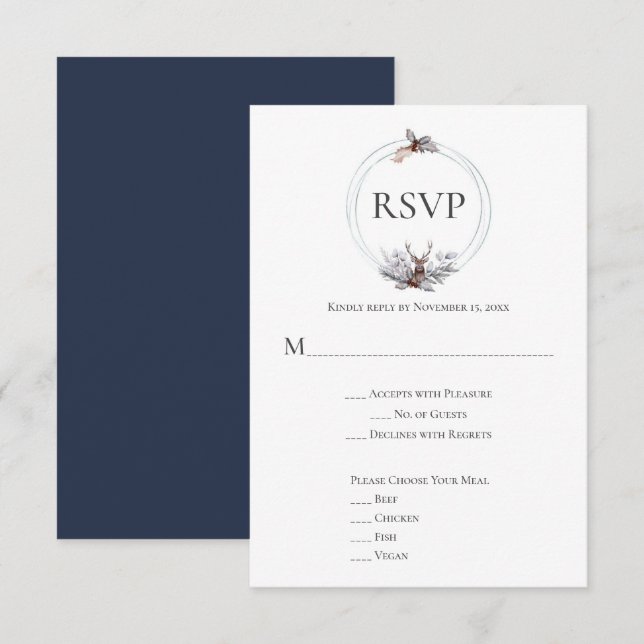 Silver Grey Rust Navy Deer Antler Wedding RSVP Karte (Vorne/Hinten)