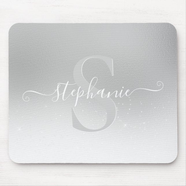 Silver Grey Shimmer Sparkle Monogram Mouse Pad Mousepad (Vorne)