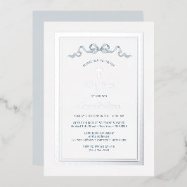 Silver Griechischer Rahmen Dusty Blue Bow Taufe Folieneinladung