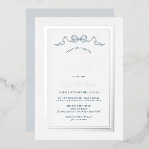Silver Griechischer Rahmen Dusty Blue Bow Taufe Folieneinladung