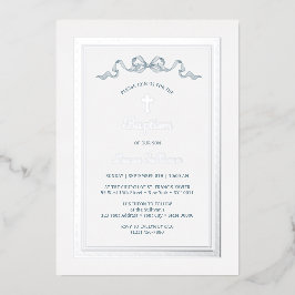 Silver Griechischer Rahmen Dusty Blue Bow Taufe Folieneinladung