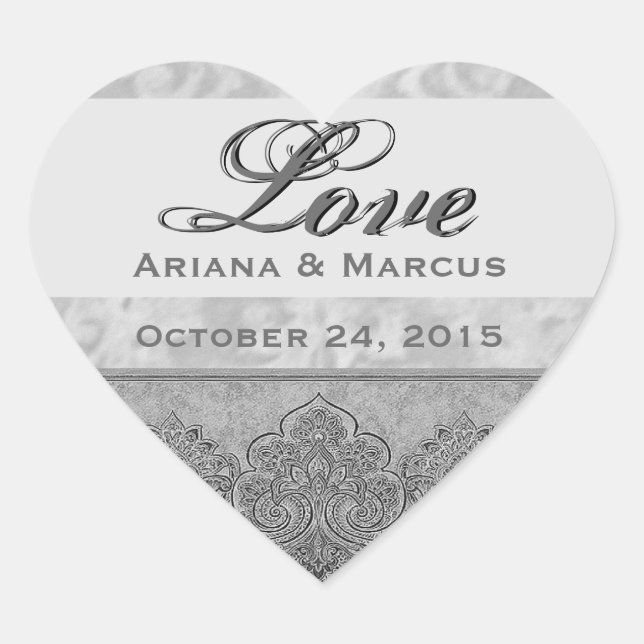 Silver Grunge Wedding Damask und Ribbon V03 Herz-Aufkleber (Vorderseite)