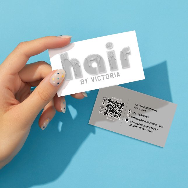 Silver Hair Glitzer Tropfen Typografie Stylist Sal Visitenkarte (Von Creator hochgeladen)