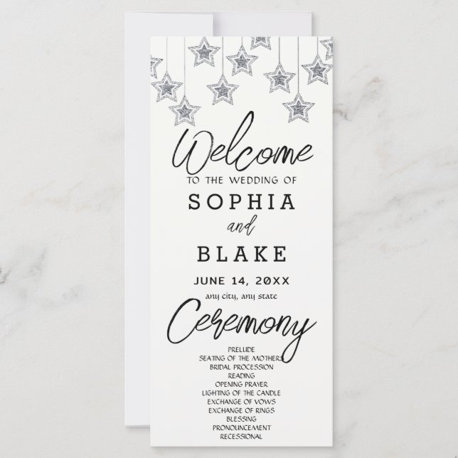 Silver Hanging Stars Off White Wedding Programm (Vorderseite)