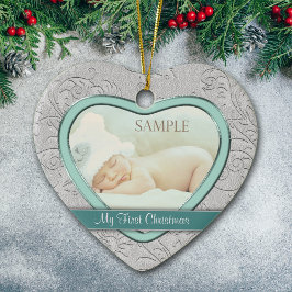 Silver Heart Aquamarin Swirl Baby First Christmas Keramikornament