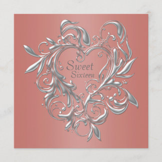 Silver Heart Coral 16 . Geburtstag Geburtstag Einladung