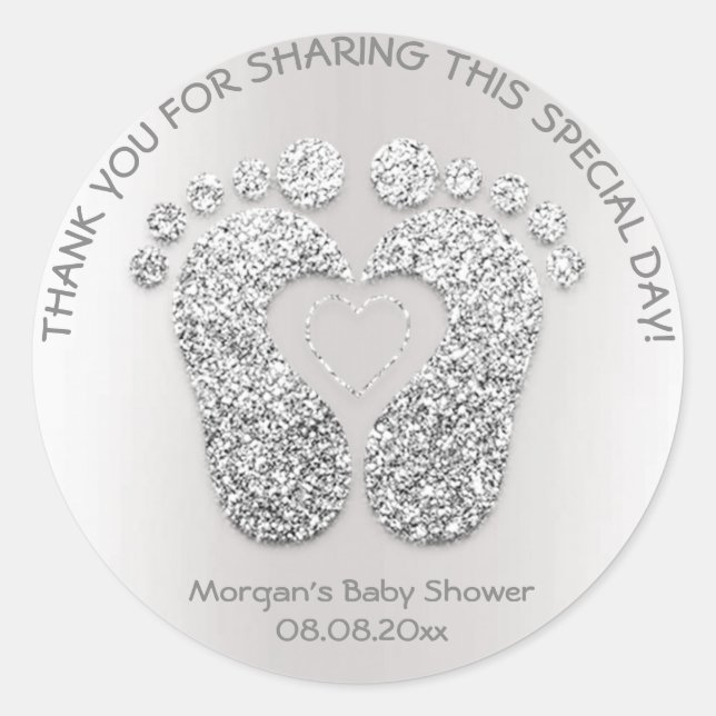 Silver Heart Feet Baby Dusche Gefallen Danke Grau Runder Aufkleber (Vorderseite)