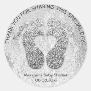 Silver Heart Feet Baby Dusche Gefallen Danke Grau Runder Aufkleber