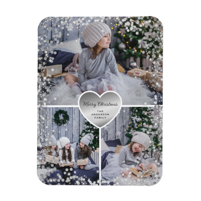 Silver Heart Funkelnd Foto Frohe Weihnachten Magnet (Vertikal)