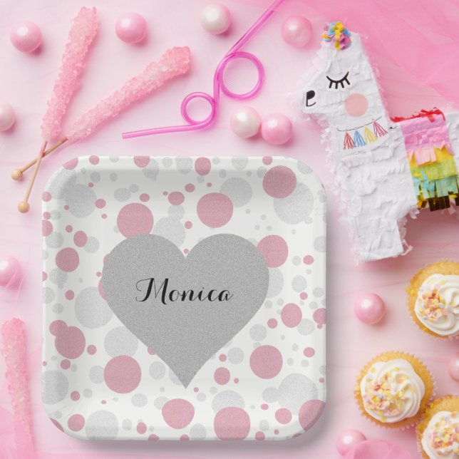 Silver Heart Pink Brautparty Polka Dots Party Pappteller (Party)