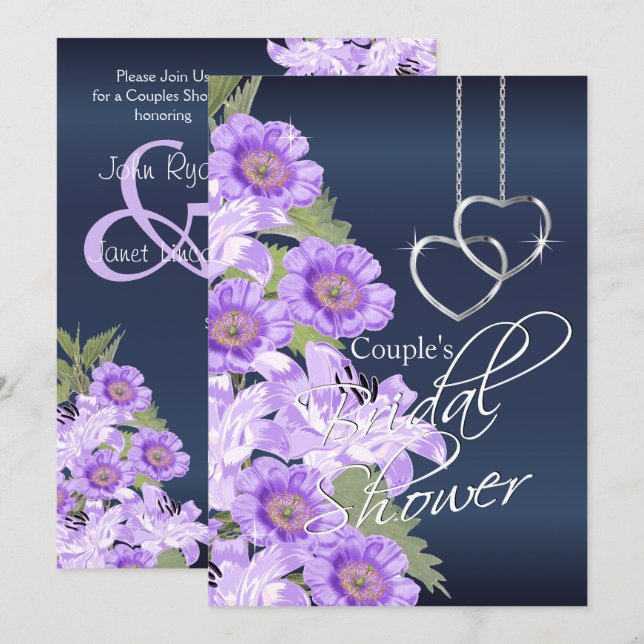 Silver Hearts on Lavender & Navy Satin Einladung (Vorne/Hinten)