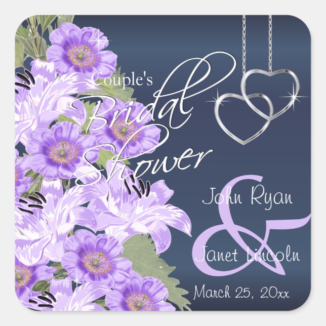 Silver Hearts on Lavender & Navy Satin Quadratischer Aufkleber (Vorderseite)