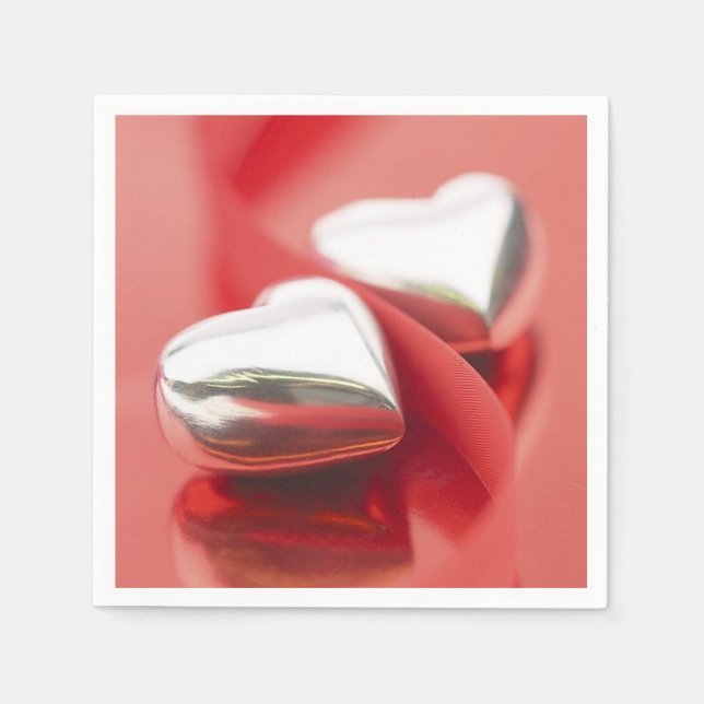 Silver Hearts Red Ribbons Napkins Serviette (Vorderseite)