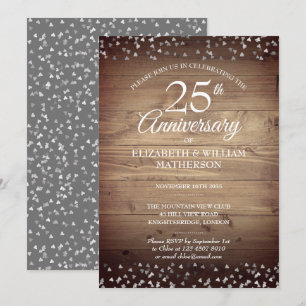Silver Hearts Rustic Wood Boho 25 Jahre alt Einladung