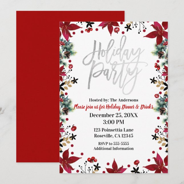 Silver Holiday Party Poinsettia Blumenweihnacht Einladung (Vorne/Hinten)