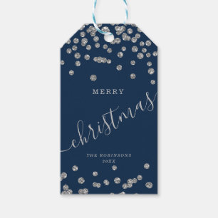 Silver Holiday Weihnachten Glitzer Confetti Navy Geschenkanhänger