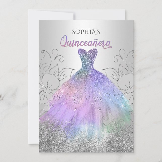 Silver Hologram Glitzer Dress Quinceañera Quince Einladung (Vorderseite)