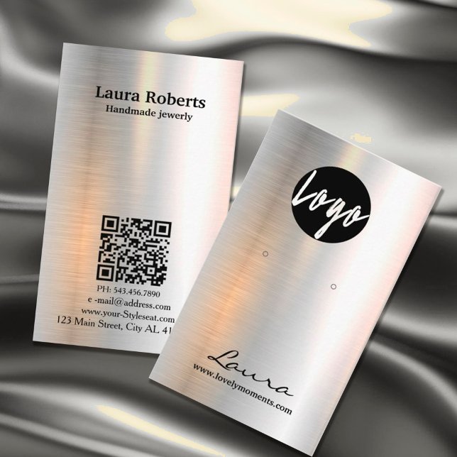 Silver Holographic Brushed Metal Earring Display Visitenkarte (#Holographic #qrcode #QR #addlogo #holographic #metal #BrushedMetal #earringdisplay)