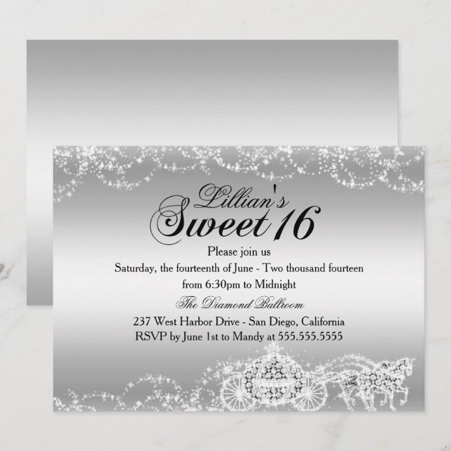 Silver Horse Carriage Princess Sweet 16 Invite Einladung (Vorne/Hinten)