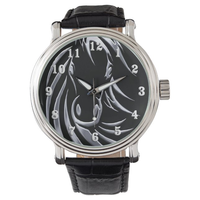 Silver Horse Head auf Black Armbanduhr (Vorderseite)