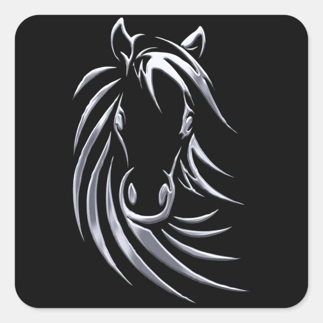 Silver Horse Head auf Black Quadratischer Aufkleber (Vorderseite)