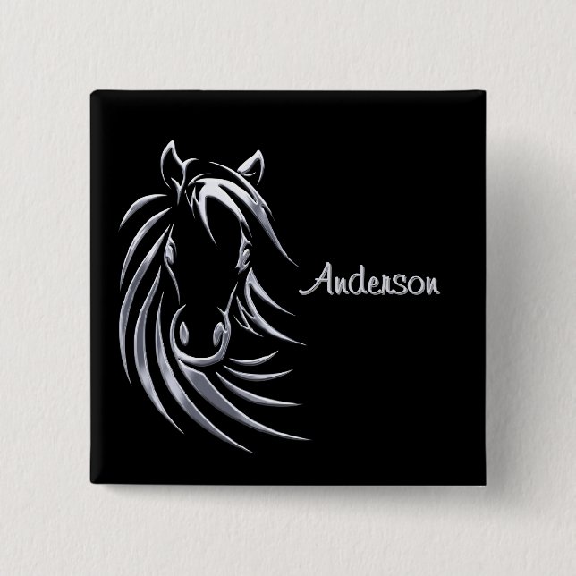 Silver Horse Head auf Personalisiertem Schwarzen S Button (Vorderseite)