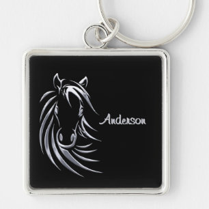 Silver Horse Head auf Personalisiertem Schwarzen S Schlüsselanhänger