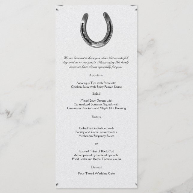 Silver Horseshoe auf der Speisekarte für White Wed Menükarte (Vorderseite)