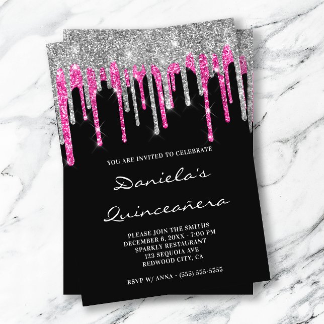 Silver Hot Pink Glitzer Tropfen Black Quinceañera Einladung (Von Creator hochgeladen)