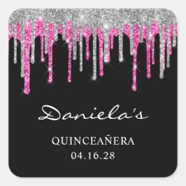 Silver Hot Pink Glitzer Tropfen Black Quinceañera Quadratischer Aufkleber
