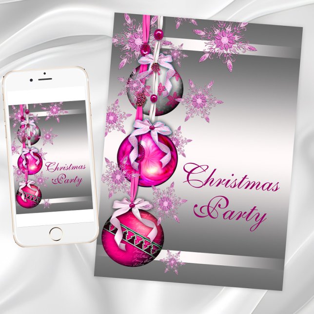 Silver Hot Pink Snowflakes Weihnachts-Party Einladung (Pink Christmas Party Invitations. Any event. Instant download and printed invitations available.)