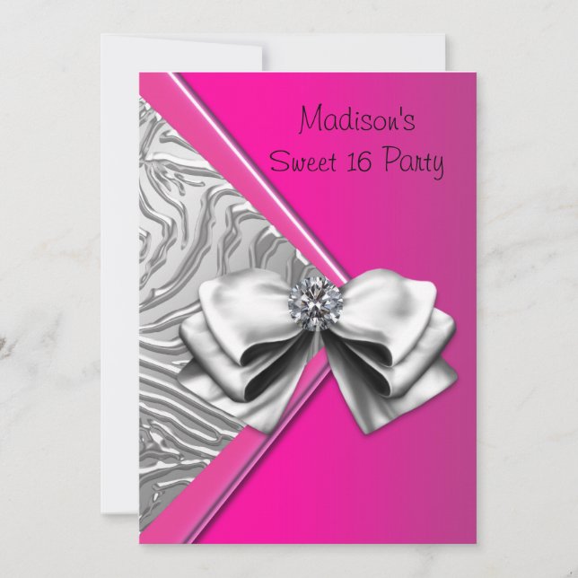 Silver Hot Pink Zebra Sweet 16 Party Einladung (Vorderseite)