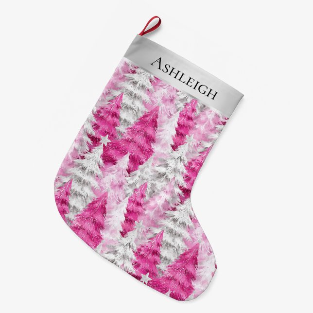 Silver Hübsch Chic Pink Glam Weihnachtsbaumen Großer Weihnachtsstrumpf (Vorderansicht (hängend))