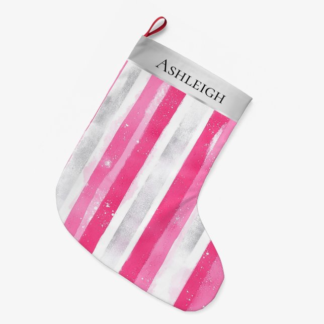 Silver Hübsch Chic Pink Glam Weihnachtsstreifen Großer Weihnachtsstrumpf (Vorderansicht (hängend))