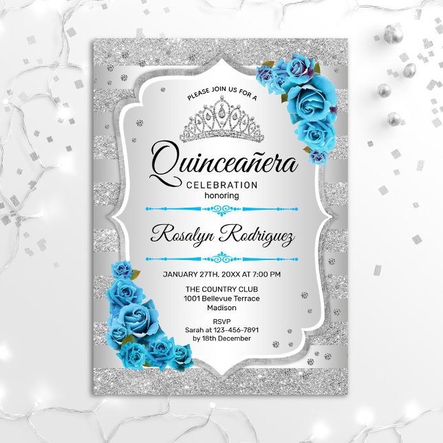 Silver Icy Blue Turquoise Quinceanera Einladung (Von Creator hochgeladen)
