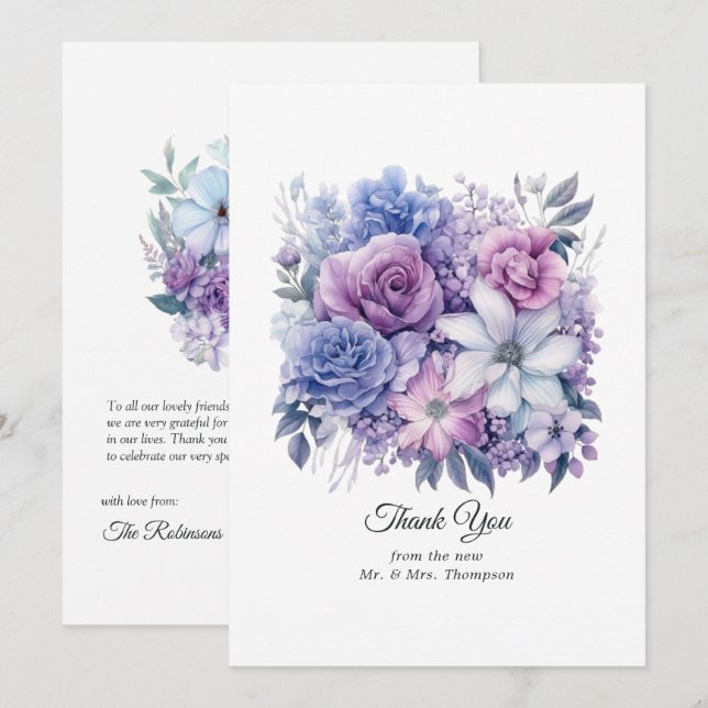 Silver, Icy Blue und Lilac Floral Wedding Dankeskarte (Vorne/Hinten)