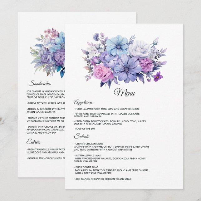 Silver, Icy Blue und Lilac Floral Wedding Menükarte (Vorne/Hinten)
