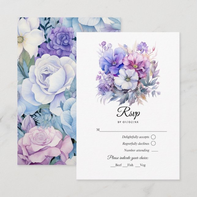 Silver, Icy Blue und Lilac Floral Wedding RSVP Karte (Vorne/Hinten)