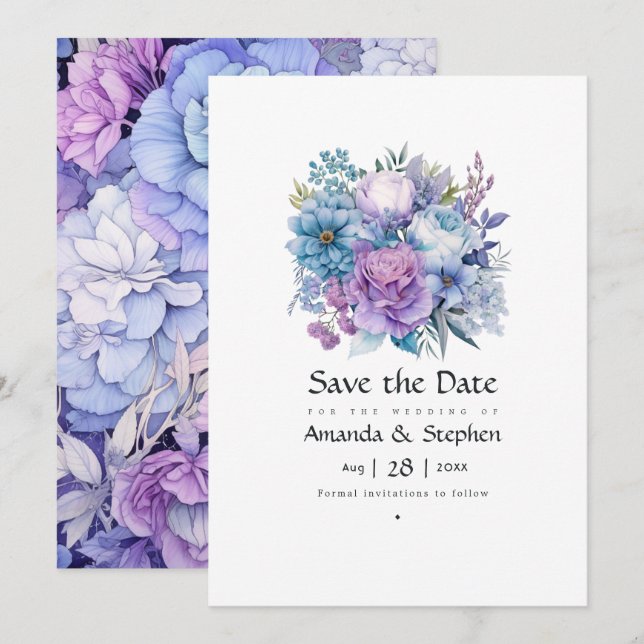 Silver, Icy Blue und Lilac Floral Wedding Save The Date (Vorne/Hinten)