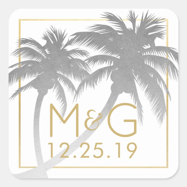 Silver Imitats Foil Palm Tree Wedding Monogram Quadratischer Aufkleber (Vorderseite)
