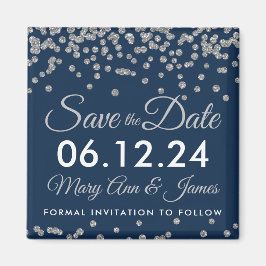 Silver Imitats Glitzer Confetti Navy Save the Date Magnet