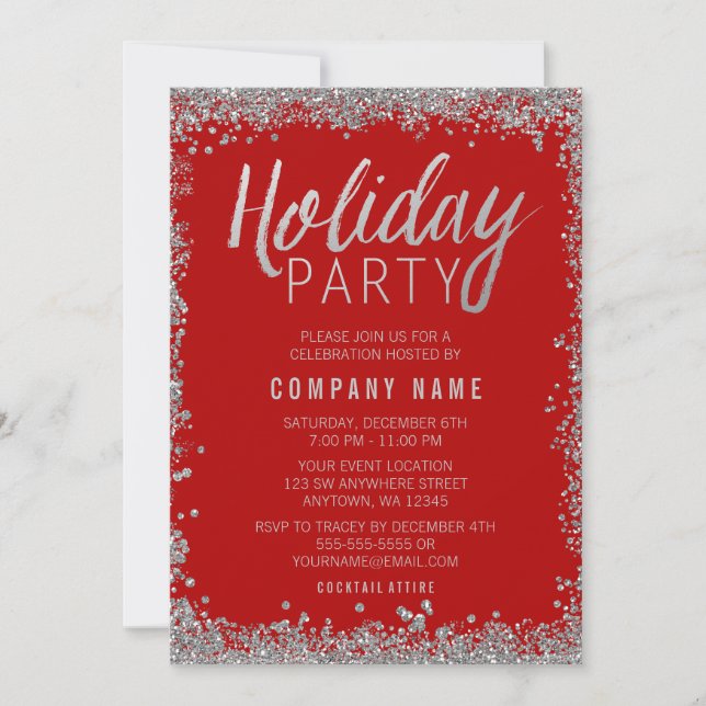 Silver Imitats Glitzer Red Holiday Party Einladung (Vorderseite)
