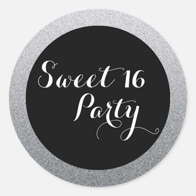 Silver Imitats Glitzer Sweet 16 Gefallen Siegel St Runder Aufkleber (Vorderseite)