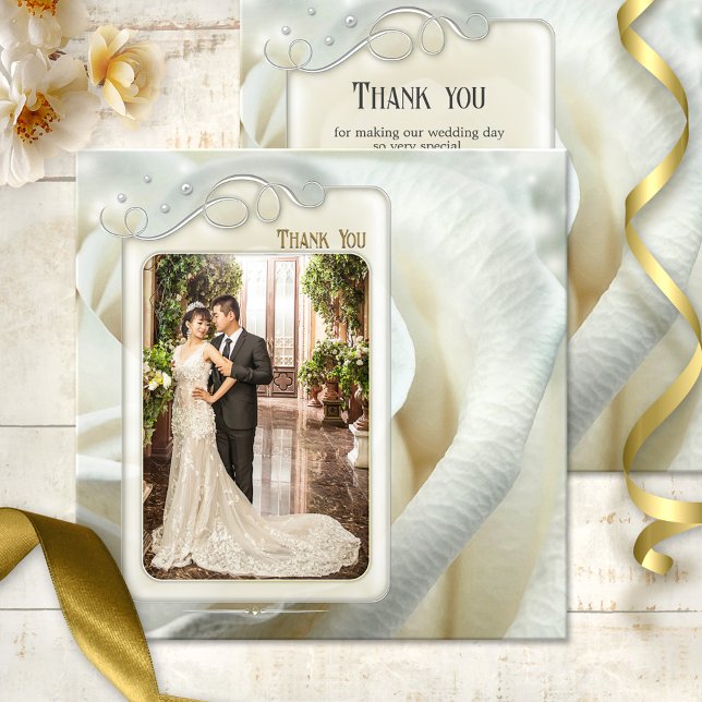 Silver Ivory Rose Wedding Danke Foto Card (Wedding Thank You card featuring your photo framed by a silver swirling design on a white rose)