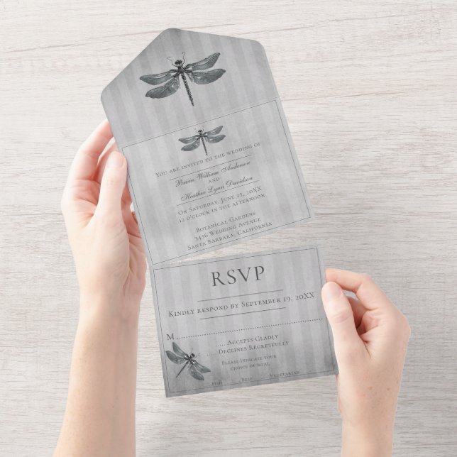 Silver Jeweled Dragonfly Wedding All In One Einladung (Abreißen)