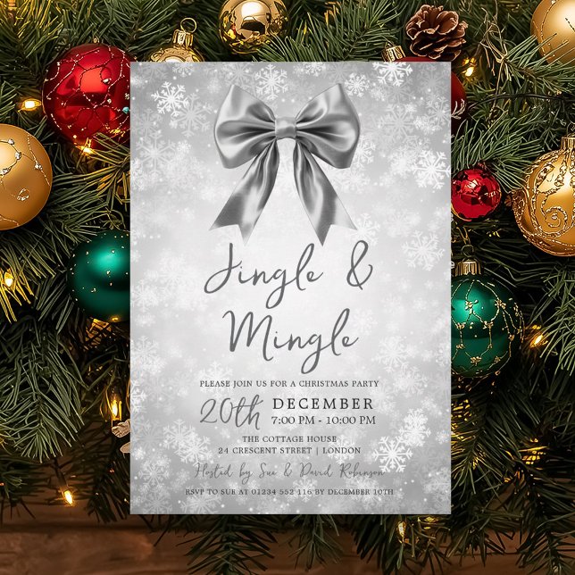 Silver Jingle Mingle Christmas Party Bow Snow  Einladung (Silver Jingle Mingle Christmas Party Bow Snow Invitation)