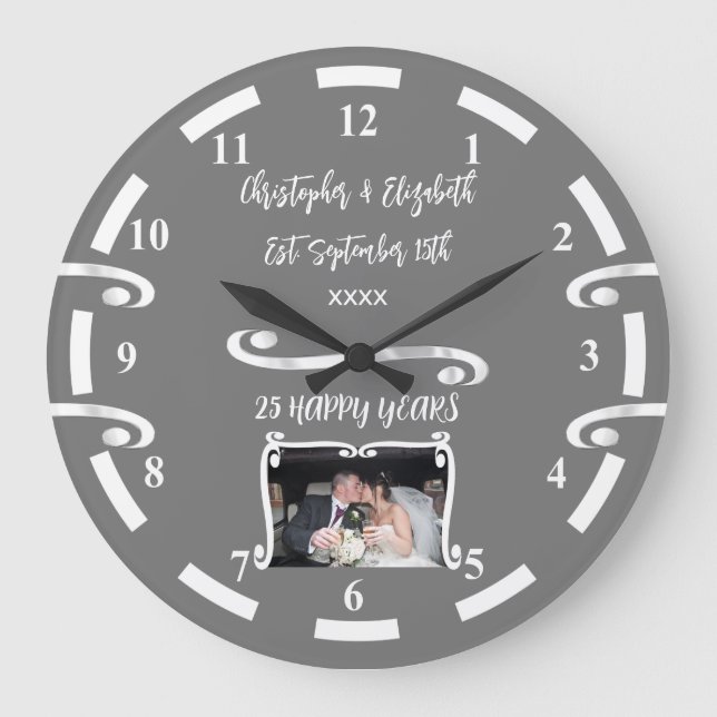 Silver Jubiläum 25 Jahre hinzufügen Namen Foto gra Große Wanduhr (Vorderseite)